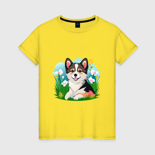 Женская футболка хлопок Щенок среди травы и цветов, цвет желтый