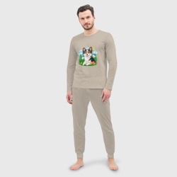 Мужская пижама с лонгсливом хлопок Щенок среди травы и цветов - фото 2
