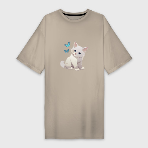 Платье-футболка хлопок Котёнок с бабочками, цвет миндальный