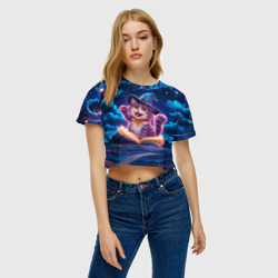 Женская футболка Crop-top 3D Кот волшебник и древняя книга - фото 2