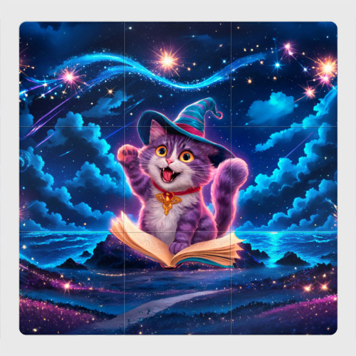Магнитный плакат 3x3 с принтом Кот волшебник и древняя книга, вид спереди №1