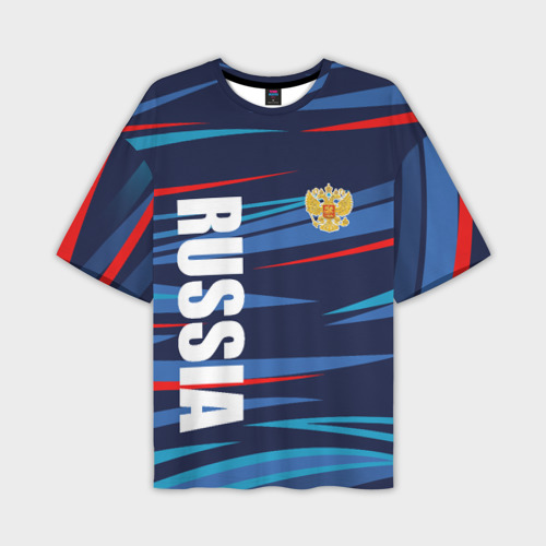 Мужская футболка оверсайз с принтом Россия — blue stripes, вид спереди №1