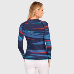 Рашгард с принтом Россия — blue stripes для женщины, вид на модели сзади №2. Цвет основы: белый