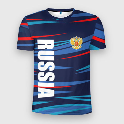 Мужская приталенная футболка с принтом Россия — blue stripes, вид спереди №1