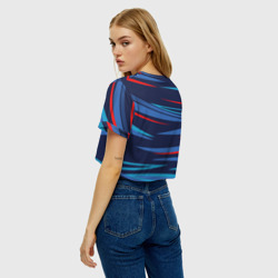 Топик (короткая футболка или блузка, не доходящая до середины живота) с принтом Россия — blue stripes для женщины, вид на модели сзади №2. Цвет основы: белый