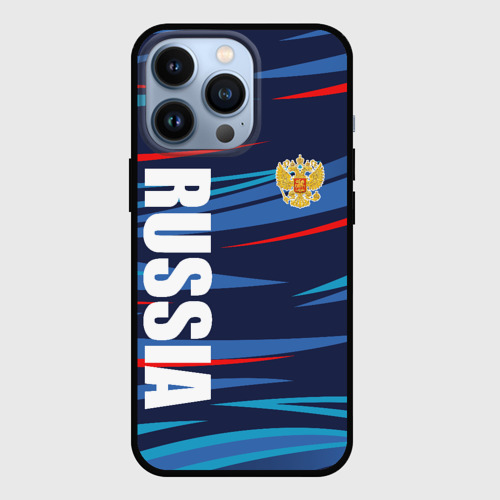 Чехол для iPhone 13 Pro с принтом Россия — blue stripes, вид спереди №1