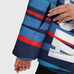 Куртка с принтом Россия — blue stripes для женщины, вид на модели спереди №4. Цвет основы: черный