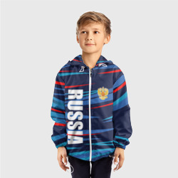 Ветровка с принтом Россия — blue stripes для ребенка, вид на модели спереди №2. Цвет основы: белый