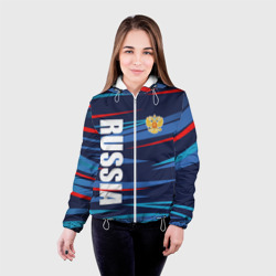 Куртка с принтом Россия — blue stripes для женщины, вид на модели спереди №2. Цвет основы: белый