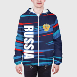 Куртка с принтом Россия — blue stripes для мужчины, вид на модели спереди №3. Цвет основы: белый