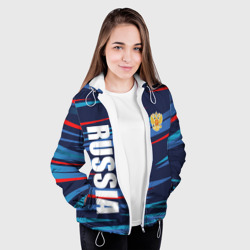 Куртка с принтом Россия — blue stripes для женщины, вид на модели спереди №3. Цвет основы: белый