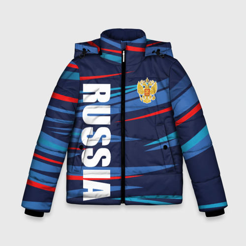 Зимняя куртка для мальчиков с принтом Россия — blue stripes, вид спереди №1