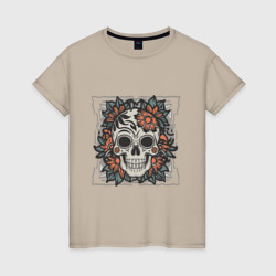 Ретро татуировка с цветами и черепом – Женская футболка хлопок с принтом купить со скидкой в -20%