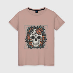 Женская футболка хлопок Ретро татуировка с цветами и черепом