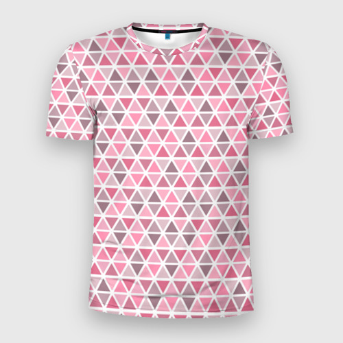 Мужская приталенная футболка с принтом Серо-розовый паттерн треугольники, вид спереди №1