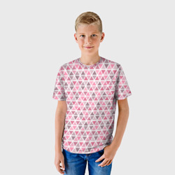 Футболка с принтом Серо-розовый паттерн треугольники для ребенка, вид на модели спереди №2. Цвет основы: белый