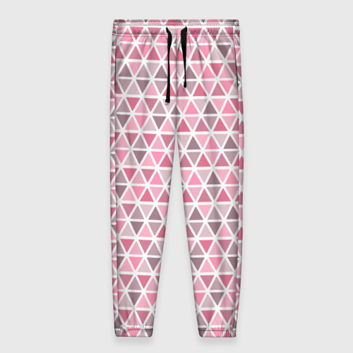 Женские брюки с принтом Серо-розовый паттерн треугольники, вид спереди №1