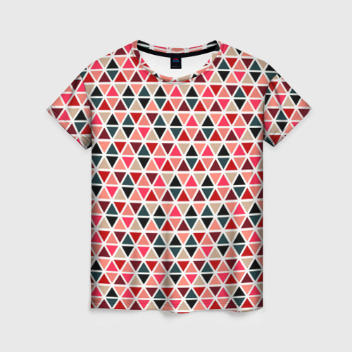 Женская футболка с принтом Бирюзово-розовый геометричный треугольники, вид спереди №1