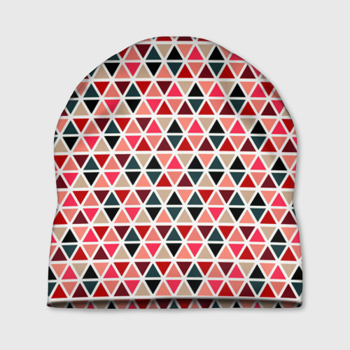 Шапка с принтом Бирюзово-розовый геометричный треугольники, вид спереди №1