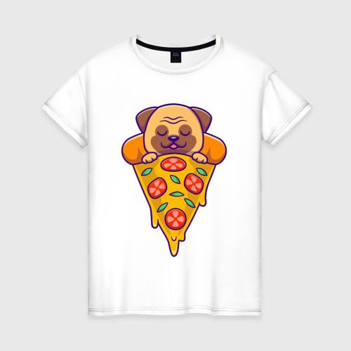 Женская футболка из хлопка с принтом Собачка в пицце, вид спереди №1