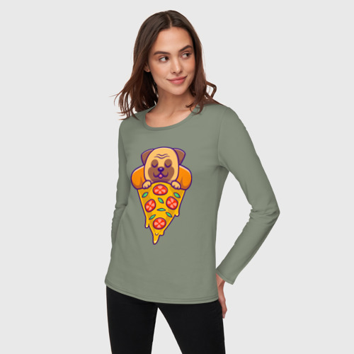 Женский лонгслив хлопок с принтом Собачка в пицце, фото на моделе #1