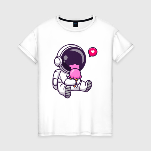 Женская футболка из хлопка с принтом Космонавт и мороженое, вид спереди №1