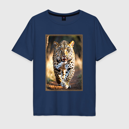 Мужская футболка хлопок Oversize с принтом Леопард красивый в движении, вид спереди #2