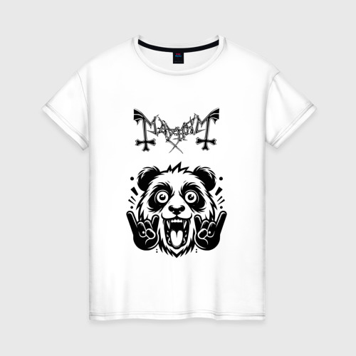 Женская футболка из хлопка с принтом Mayhem - rock panda, вид спереди №1