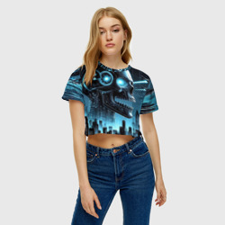 Женская футболка Crop-top 3D Cyberpunk skull - metropolis neon glow - фото 2