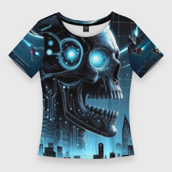 Женская футболка 3D Slim Cyberpunk skull - metropolis neon glow