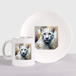 Набор: тарелка + кружка Белая пантера с золотыми брызгами краски