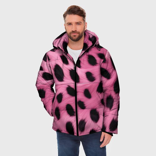 Мужская зимняя куртка 3D с принтом Розовый леопардовый мех, фото на моделе #1
