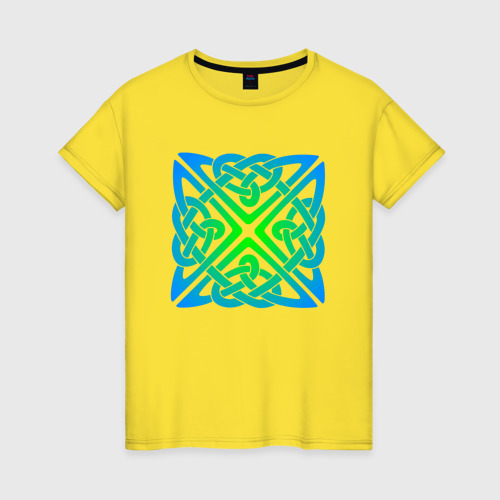 Женская футболка хлопок Квадратный голубой кельтский узор, цвет желтый