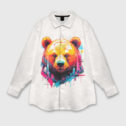 Мужская рубашка oversize 3D Мишка в городе: голова медведя на фоне красочного города