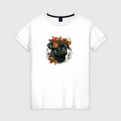 Мопс черный арт осень – Женская футболка хлопок с принтом купить со скидкой в -20%