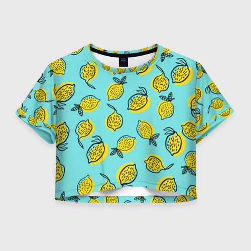 Женская футболка Crop-top с принтом Летние лимоны - паттерн, вид спереди №1