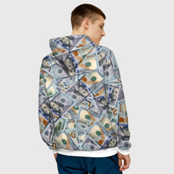 Толстовка с принтом Банкноты сто долларов для мужчины, вид на модели сзади №2. Цвет основы: белый