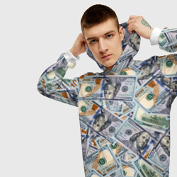 Толстовка с принтом Банкноты сто долларов для мужчины, вид на модели спереди №3. Цвет основы: белый