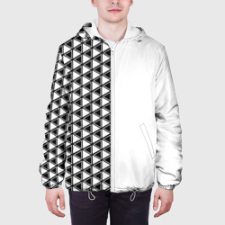 Куртка с принтом Чёрные треугольники на белом фоне для мужчины, вид на модели спереди №3. Цвет основы: белый