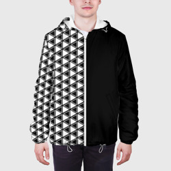 Куртка с принтом Белые треугольники на чёрном фоне для мужчины, вид на модели спереди №3. Цвет основы: белый
