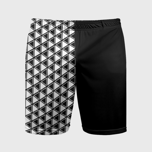 Мужские шорты спортивные с принтом Белые треугольники на чёрном фоне, вид спереди №1