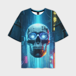 Мужская футболка oversize 3D Cyber skull - neon glow ai art