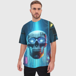 Мужская футболка oversize 3D Cyber skull - neon glow ai art - фото 2