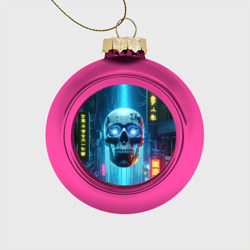 Cyber skull - neon glow ai art – Стеклянный ёлочный шар с принтом купить