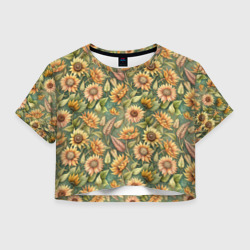Желтые подсолнухи и пшеница – Женская футболка Crop-top 3D с принтом купить