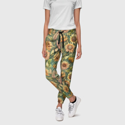 Желтые подсолнухи и пшеница – Женские брюки 3D с принтом купить