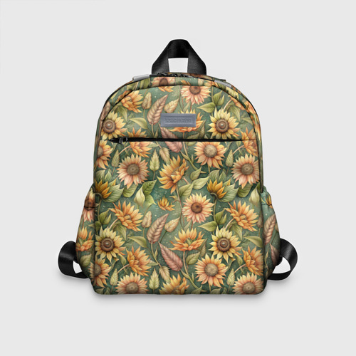 Детский рюкзак с принтом Желтые подсолнухи и пшеница, вид спереди №1
