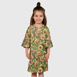 Платье с принтом Желтые подсолнухи и пшеница для ребенка, вид на модели спереди №3. Цвет основы: белый