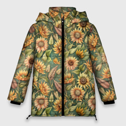 Желтые подсолнухи и пшеница – Женская зимняя куртка Oversize с принтом купить