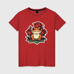 Милая жаба среди красных роз – Женская футболка хлопок с принтом купить со скидкой в -20%